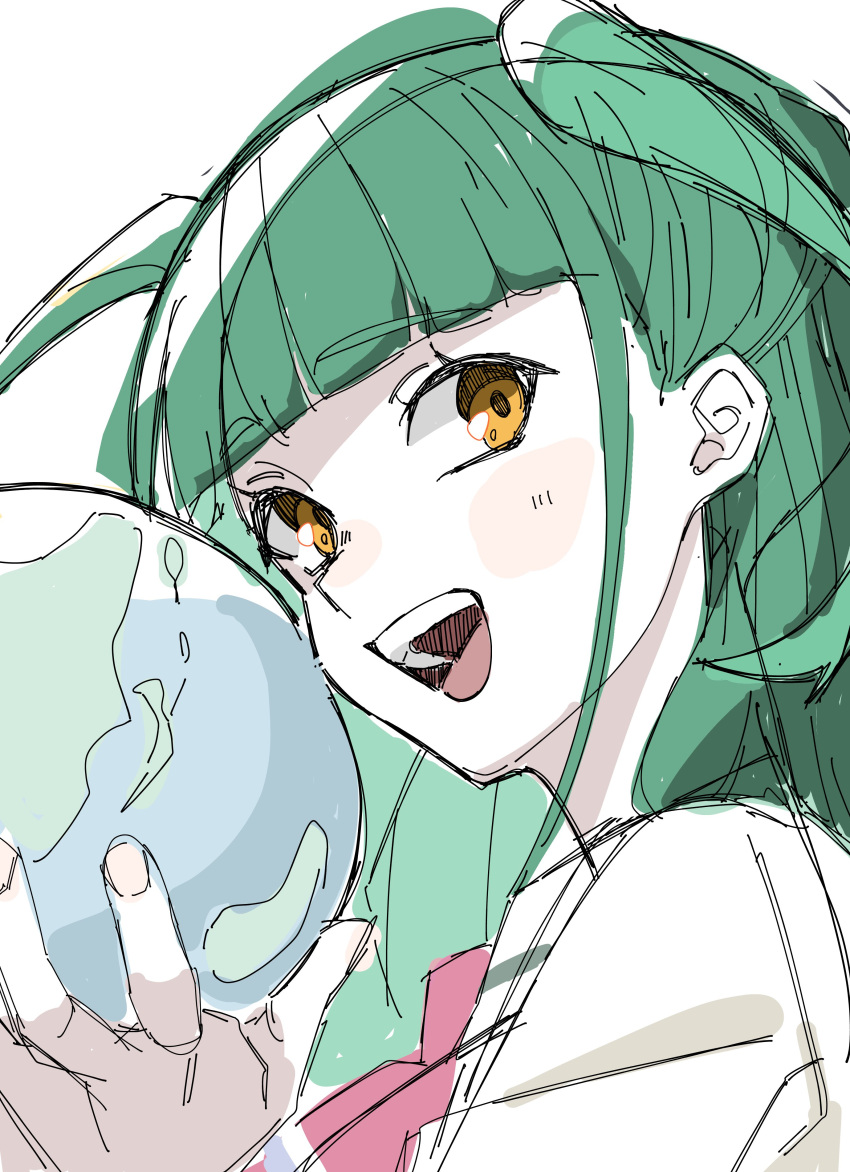 1girl, :d, absurdres, blunt_bangs, commentary_request, green_hair, highres, holding_globe