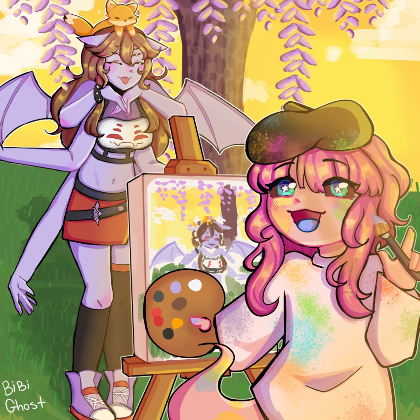 1girl, animal_ears, arkanis, arthropod_girl, artist_name, bat_ears, beret, black_sclera, brown_hair, colored_sclera, colored_skin, dante_will, dante_will_(spider), dress, extra_arms, extra_eyes, fingernails, fox, fox_on_head, ghost, ghost_tail, hat, highres, holding, holding_paint_palette, holding_paintbrush, indie_virtual_youtuber, iris_(arkanis), long_hair, long_sleeves, monster_girl, paint_on_clothes, paint_palette, paintbrush, picture_frame, pink_skin, portuguese_commentary, purple_skin, shirt, smile, spider_girl, star-shaped_pupils, star_(symbol), symbol-shaped_pupils, thebibighost, tree, virtual_youtuber, wings