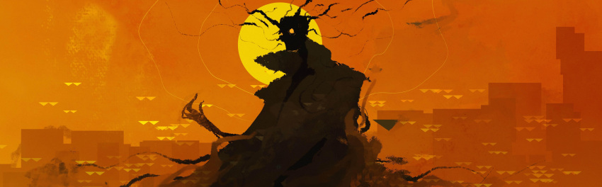 1boy, abstract_background, absurdres, antlers, black_cloak, black_skin, black_smoke, cityscape, cloak, colored_skin, contrast, deadlock_(game), dusk, hand_up, hidden_king_(deadlock), highres, horns, mystical_high_collar, no_mouth, orange_background, orange_eyes, solid_circle_eyes, solo, sun, zer01711