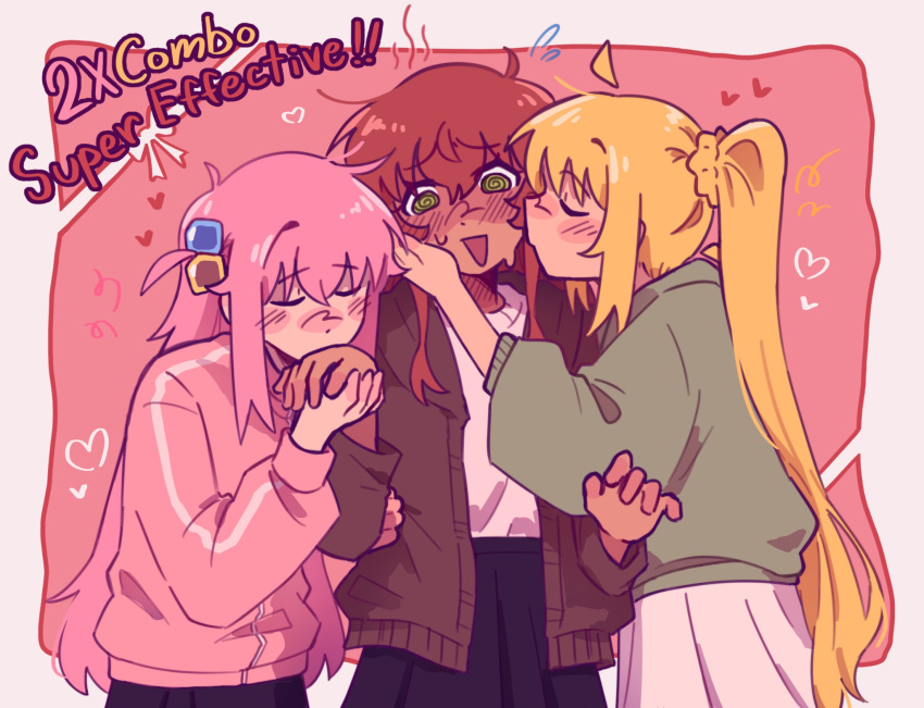 3girls, @_@, ahoge, alternate_skin_color, black_cardigan, black_skirt, blonde_hair, blush