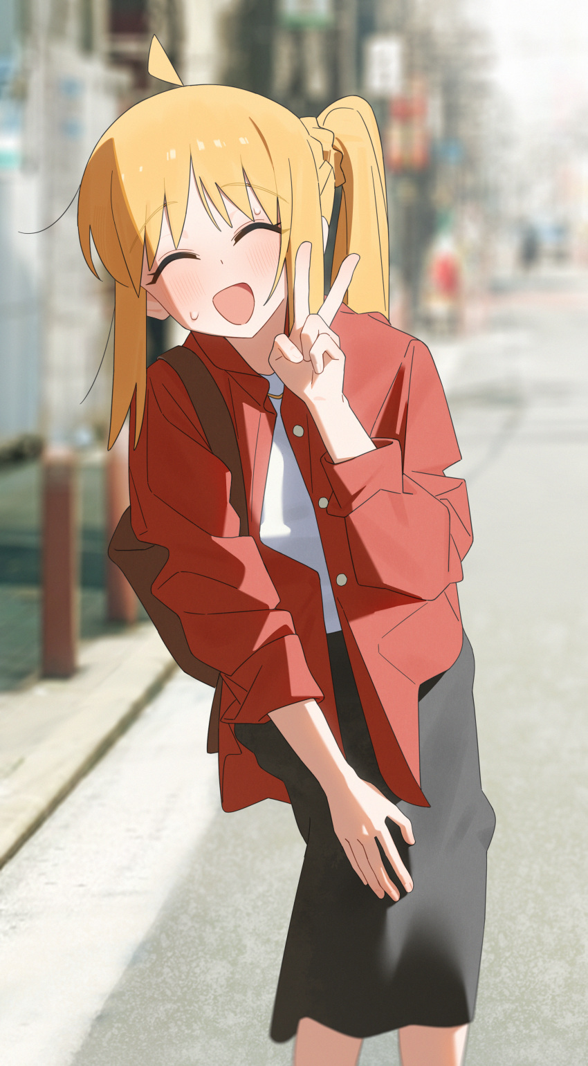 1girl, :d, ^_^, absurdres, ahoge, black_skirt, blonde_hair, blurry, blurry_background, blush, bocchi_the_rock!, braid, choppy_bangs, closed_eyes, commentary_request, day, depth_of_field, feet_out_of_frame, hand_on_own_leg, hand_up, highres, ijichi_nijika, long_hair, long_skirt, long_sleeves, open_clothes, open_mouth, open_shirt, outdoors, red_shirt, shirt, side_ponytail, side_ponytail_with_braided_base, skirt, small_sweatdrop, smile, solo, standing, unbuttoned, v, white_shirt, yioukei