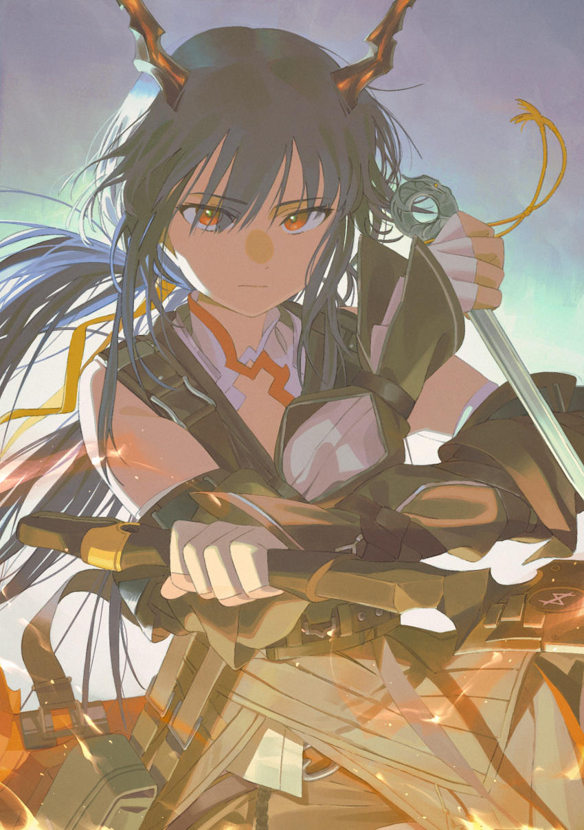 1girl, arknights, backlighting, bare_shoulders, black_horns, blue_background, blue_hair, ch'en_(arknights)