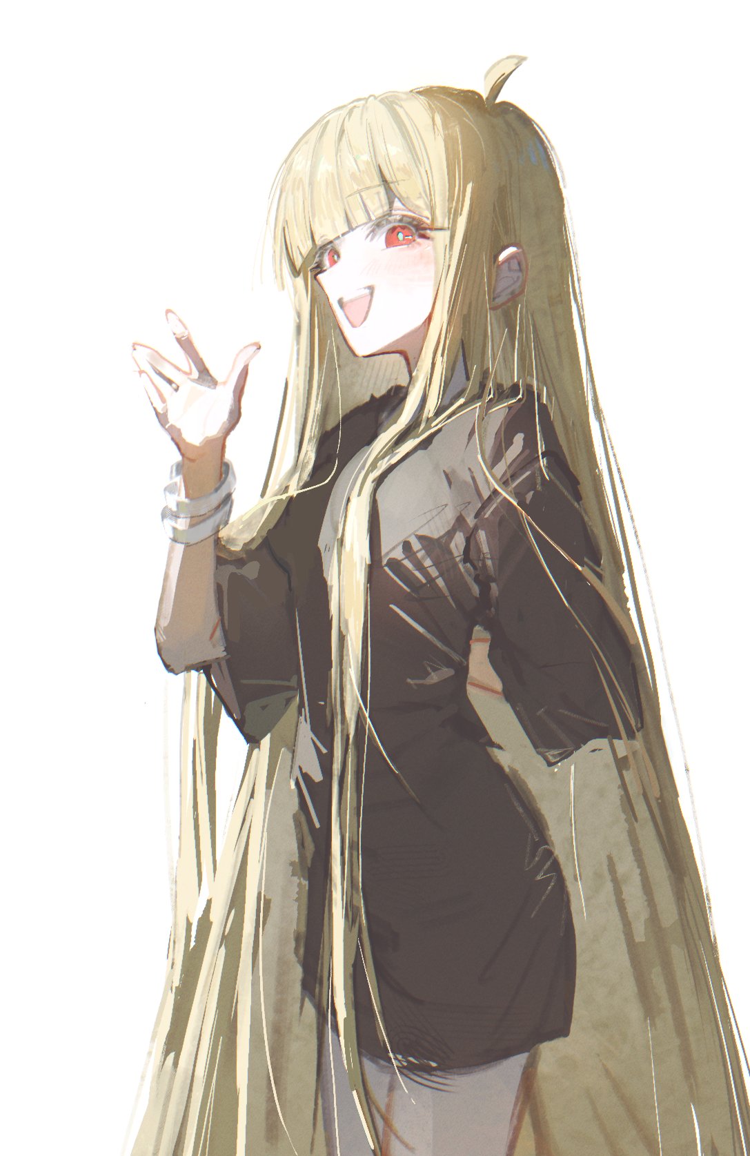 1girl, :d, ahoge, arm_behind_back, blonde_hair, blunt_bangs, bracelet, cho_kaguya-hime!