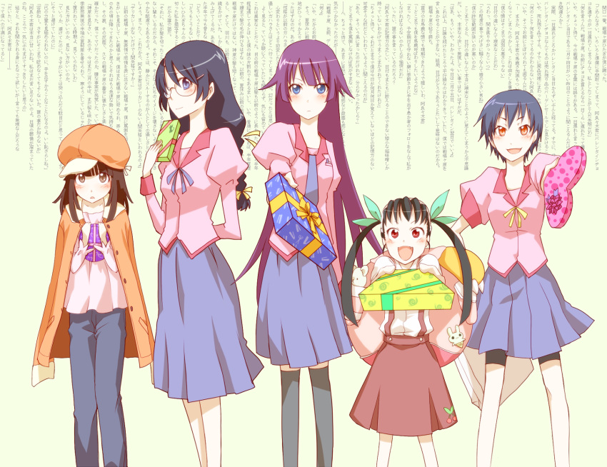 hachikuji_mayoi, hana_azuki, hanekawa_tsubasa, highres, holding, holding_gift, incoming_gift, kanbaru_suruga