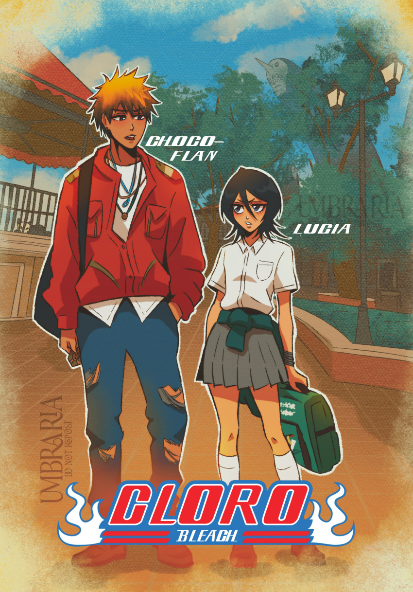 1boy, 1girl, absurdres, alternate_universe, backpack, bag, black_eyes, black_hair, bleach, blue_pants, brown_eyes, clothes_around_waist, commentary, copyright_name, grey_skirt, hand_in_pocket, height_difference, highres, holding, holding_bag, hollow_(bleach), kneehighs, kuchiki_rukia, kurosaki_ichigo, lamppost, lanyard, menos_grande, miniskirt, open_mouth, orange_hair, pants, pleated_skirt, school_uniform, shirt, shirt_tucked_in, skirt, socks, spanish_commentary, sweater, sweater_around_waist, torn_clothes, torn_pants, umbra_(edits_umbra), untucked_shirt, white_shirt, white_socks, wristband