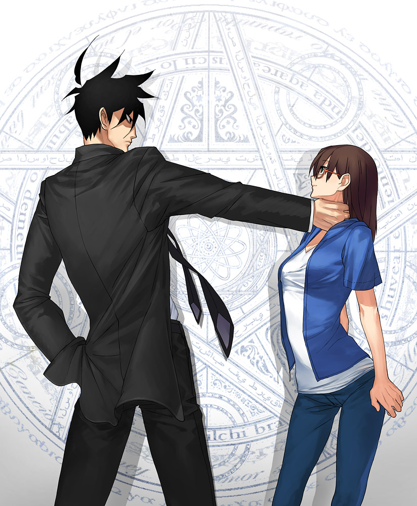 1girl, akutabe, brown_hair, couple, formal, glasses, jeans, kazeto, magic_circle, male, necktie, no_eyebrows, pants, sakuma_rinko, strangle, strangling, suit, yondemasuyo_azazel-san