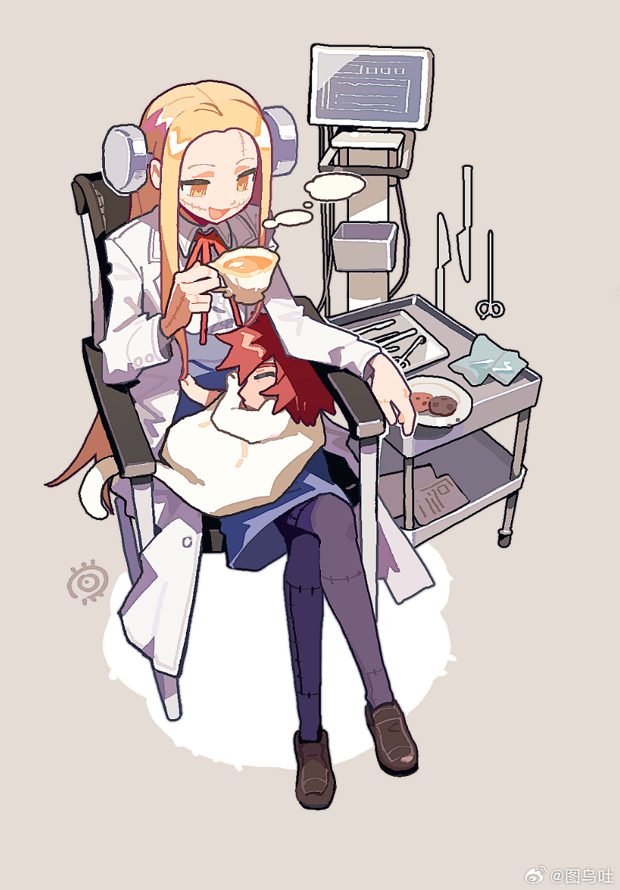 bolt_(hardware), forceps, franken_fran, glasgow_smile, highres, lab_coat, operating_table, scalpel