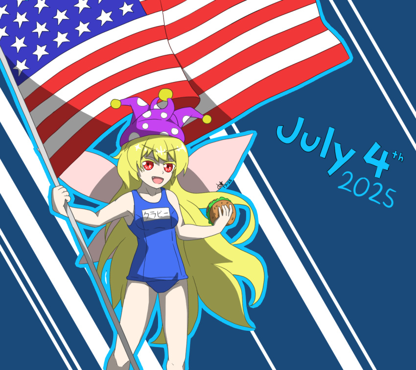 1girl, american_flag, blonde_hair, blue_background, blue_one-piece_swimsuit, blue_outline, burger, character_name