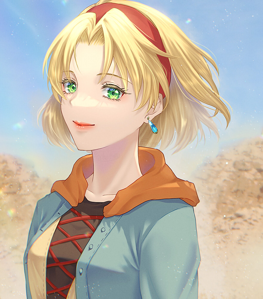 1girl, blonde_hair, cecilia_lynne_adelhyde, closed_mouth, collarbone, commentary_request, cross-laced_clothes, earrings, green_eyes, hairband, hood, hooded_jacket, jacket, jewelry, kiryuu_sara_(artist), lips, looking_at_viewer, red_hairband, short_hair, smile, solo, wild_arms, wild_arms_1, wind