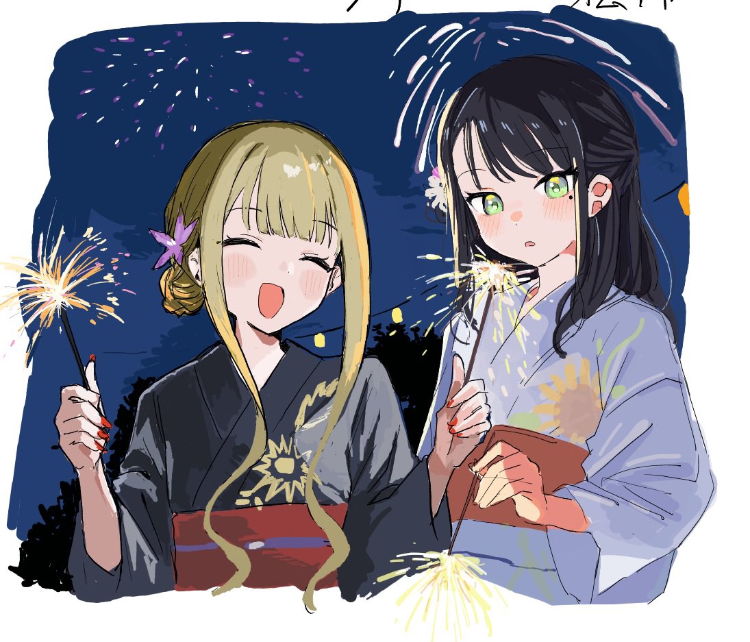 2girls, :d, ^_^, artist_collaboration, black_hair, black_kimono, blonde_hair, blue_kimono
