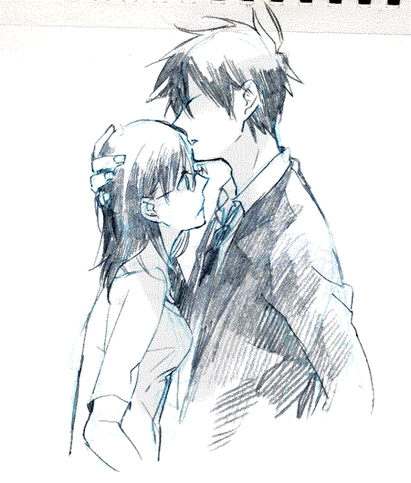 akutabe, brown_hair, couple, forehead_kiss, formal, glasses, kiss, male