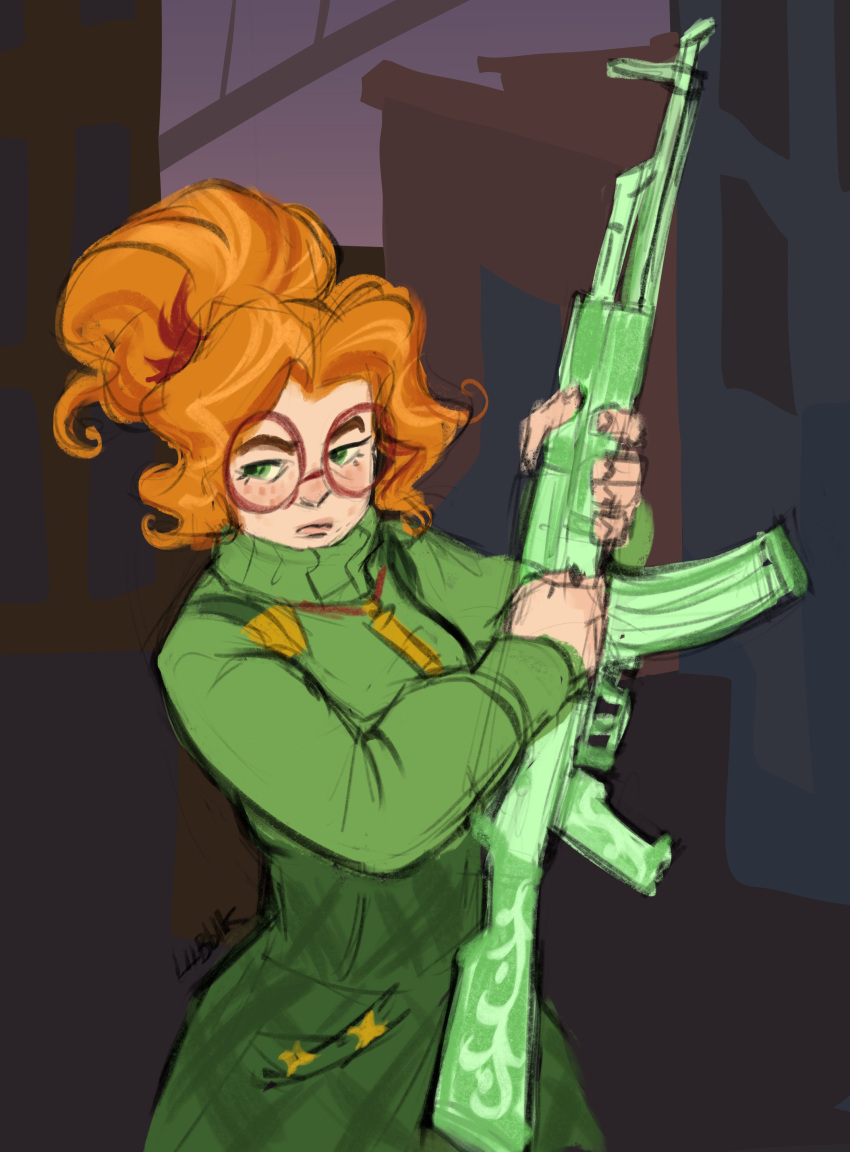 1girl, absurdres, akm, assault_rifle, commentary, deadlock_(game), english_commentary, glasses