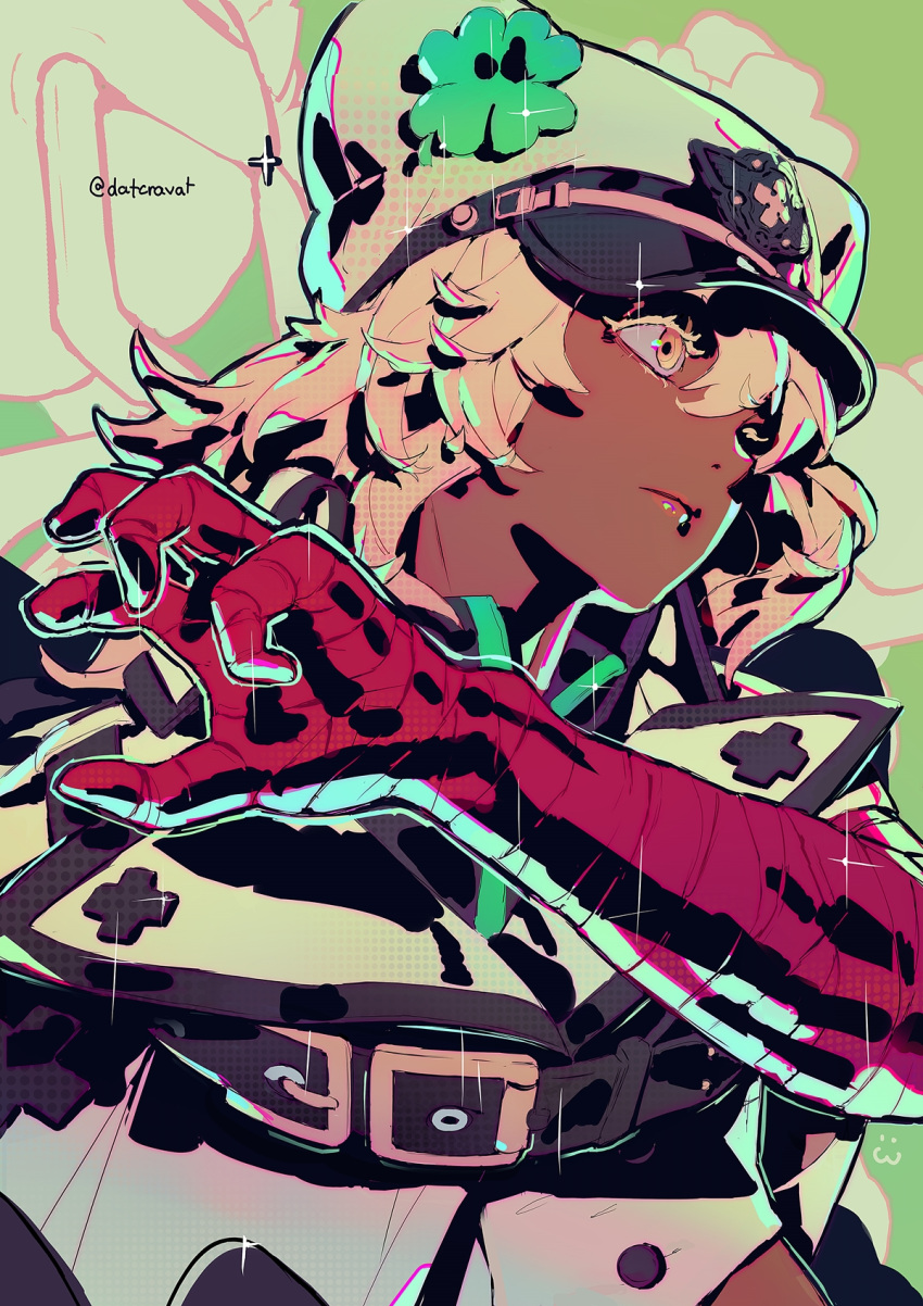 1girl, artist_name, bandaged_arm, bandages, blonde_hair, closed_mouth, clover_hat_ornament, commentary, dark-skinned_female, dark_skin, datcravat, eyelashes, green_background, guilty_gear, guilty_gear_strive, hair_between_eyes, hat, highres, long_hair, looking_to_the_side, ramlethal_valentine, solo, twitter_username, untranslatable_commentary, upper_body, white_hat