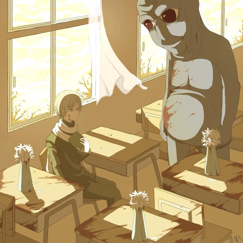 1boy, 1other, 2015, ao_oni, blood, blood_stain, classroom, evil_smile, flower, glasses, height_difference, kairikonoha, monster, school, school_uniform, smile, sunlight, the_oni_(ao_oni), white_hair, window
