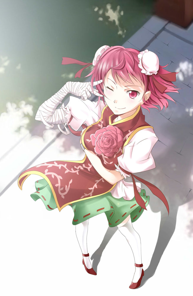 bandage, bandages, breasts, bun_cover, chinese_clothes, cuffs, double_bun, flower, from_above, hair_bun, high_heels, ibara_kasen, ibaraki_kasen, oishii_garriel, pigeon-toed, pigeon_toed, pink_eyes, pink_hair, pink_rose, rose, shackle, shoes, short_hair, skirt, smile, solo, thighhighs, touhou, v, white_legwear, wink