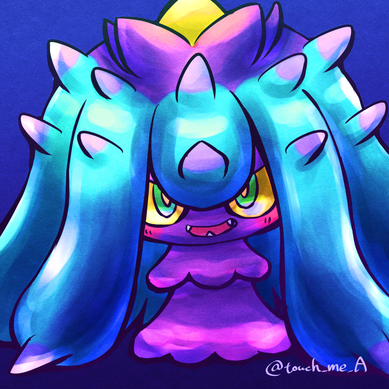 artist_name, blue_background, blue_eyes, colored_sclera, fangs, looking_at_viewer, mareanie, no_humans
