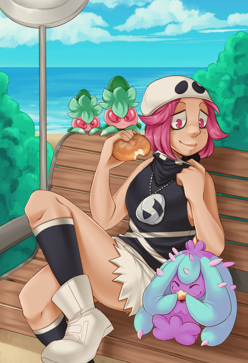 1girl, bandana, bandana_around_neck, bench, black_bandana, black_shirt, black_socks, blue_sky