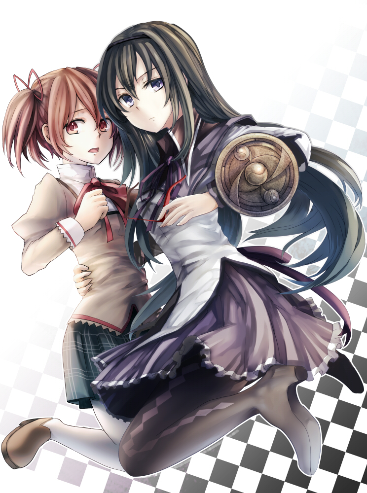 akemi_homura, black_hair, black_legwear, blue_eyes, boots, bow, checkered, checkered_background, kaname_madoka, long_hair, magical_girl, mahou_shoujo_madoka_magica, mitsu, multiple_girls, pantyhose, pink_eyes, plaid, plaid_skirt, red_hair, redhead, school_uniform, short_twintails, skirt, tartan, thigh_boots, thighhighs, twintails, white_legwear
