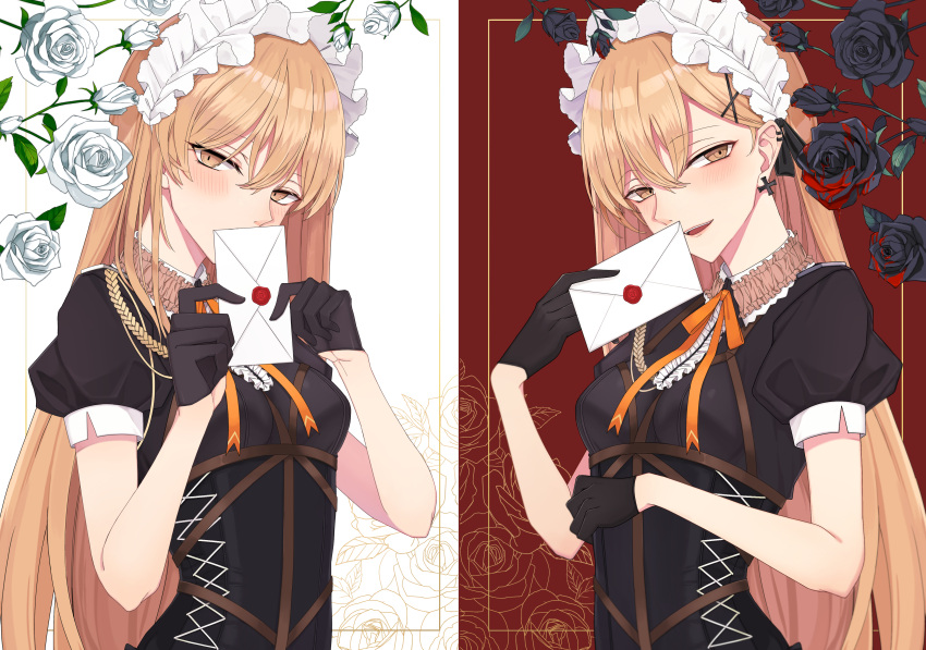 2girls, absurdres, black_bow, black_dress, black_gloves, black_robe, blonde_hair, bow
