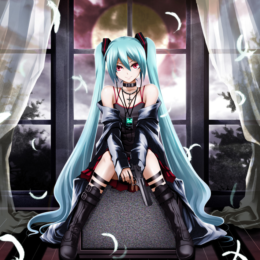 aqua_hair, bad_id, bare_shoulders, boots, choker, desert_eagle, feathers, full_moon, gun, handgun, hatsune_miku, head_tilt, highres, jewelry, kuromayu, long_hair, moon, necklace, pistol, red_eyes, sitting, smile, twintails, very_long_hair, vocaloid, weapon, window, zune