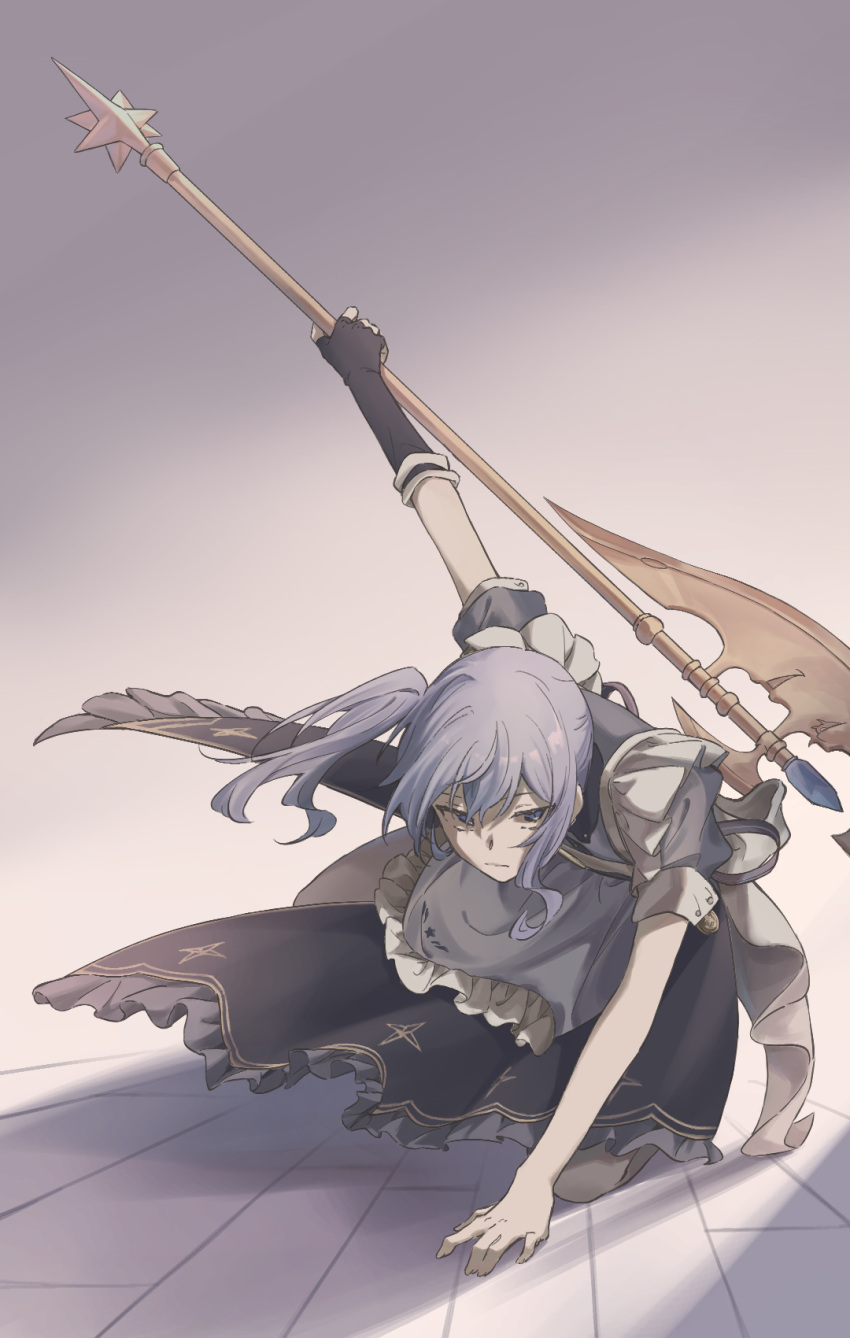 1girl, alternate_costume, axe, battle_axe, blue_eyes, blue_hair, commentary_request, dress