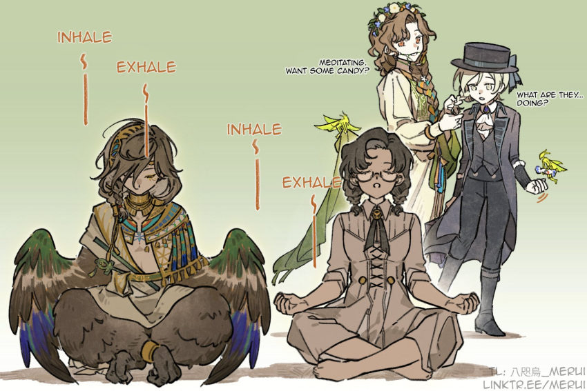 1boy, 3girls, :o, adjusting_another's_hair, alternate_hairstyle, ancient_egyptian_clothes, ankh, ascot