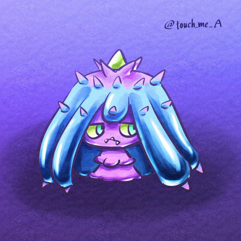 artist_name, blue_eyes, colored_sclera, commentary_request, fangs, looking_to_the_side, mareanie, no_humans