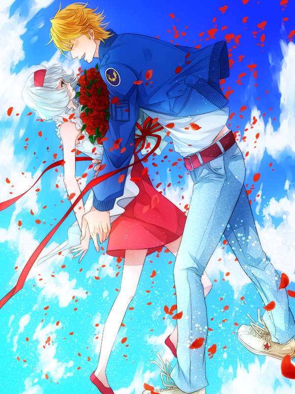 blonde_hair, blue_jacket, bob_cut, bomber_jacket, cis_(tiger_&amp;_bunny), dress, flower, hairband, jacket, jeans, kamu, kamu_(camui), keith_goodman, petals, rose, short_hair, sky, tiger_&amp;_bunny, white_hair