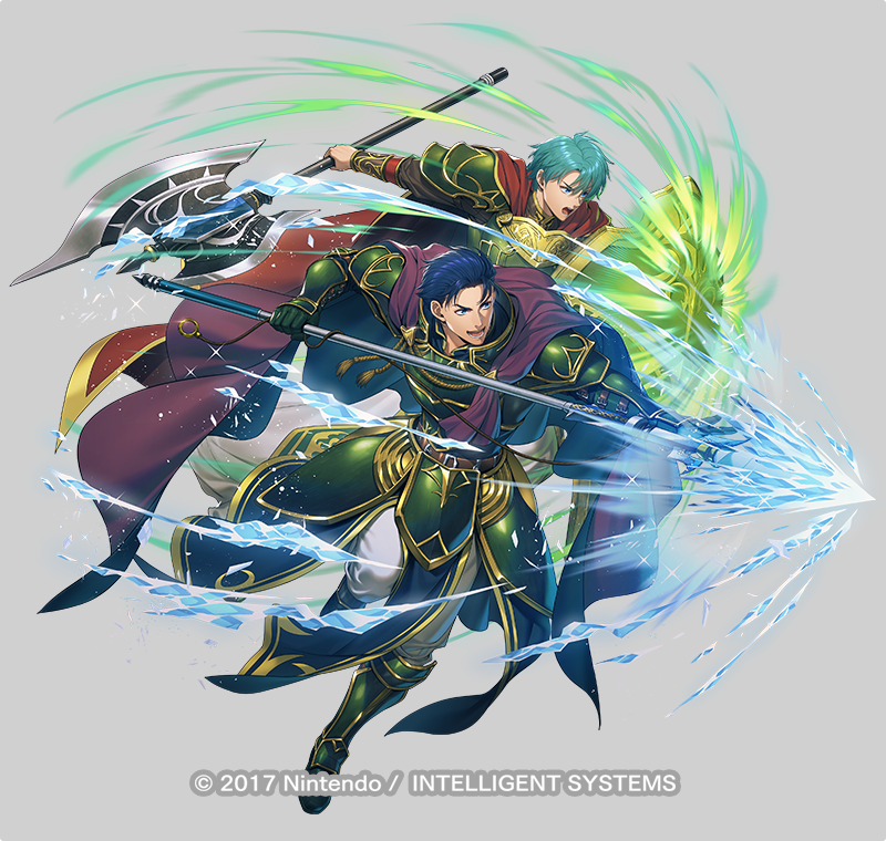 2boys, aqua_eyes, armor, axe, battle_axe, belt, blue_eyes, blue_hair