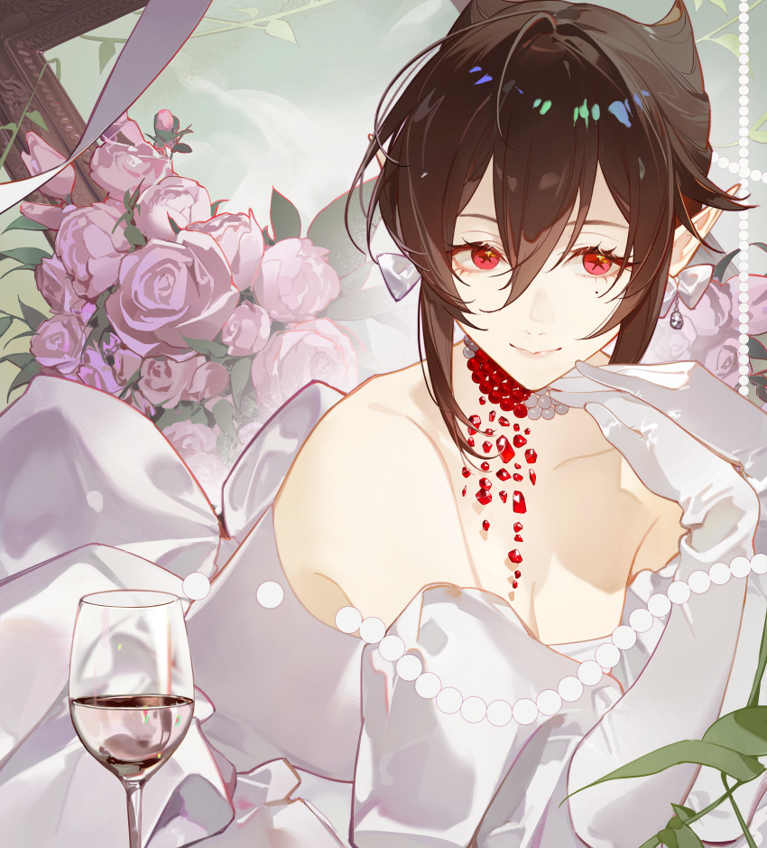 1girl, absurdres, alcohol, arknights, bare_shoulders, black_hair, dress, earrings