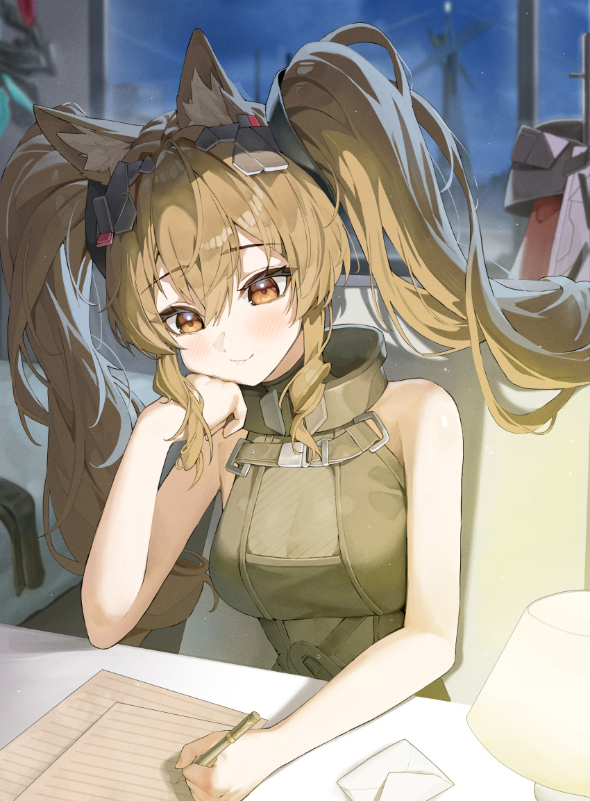 1girl, absurdres, angelina_(arknights), animal_ears, arknights, arknights:_endfield, bare_shoulders, brown_eyes