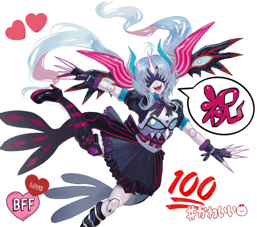 1girl, ahoge, asymmetrical_horns, asymmetrical_legwear, black_gloves, black_shoes, black_skirt, blindfold, bow, bowtie, commentary_request, doll, duel_masters, extra_eyes, floating_hair, fur-trimmed_gloves, fur_trim, gloves, grey_hair, heart, high_heels, highres, horns, kingra_duel, kisaragi_(duel_masters), mismatched_horns, monster_girl, multicolored_hair, multiple_horns, official_art, open_mouth, pink_hair, purple_bow, purple_bowtie, sharp_teeth, shirt, shoes, short_sleeves, single_thighhigh, skirt, solo, speech_bubble, striped_clothes, striped_thighhighs, teeth, thigh-highs, translation_request, twintails, white_background