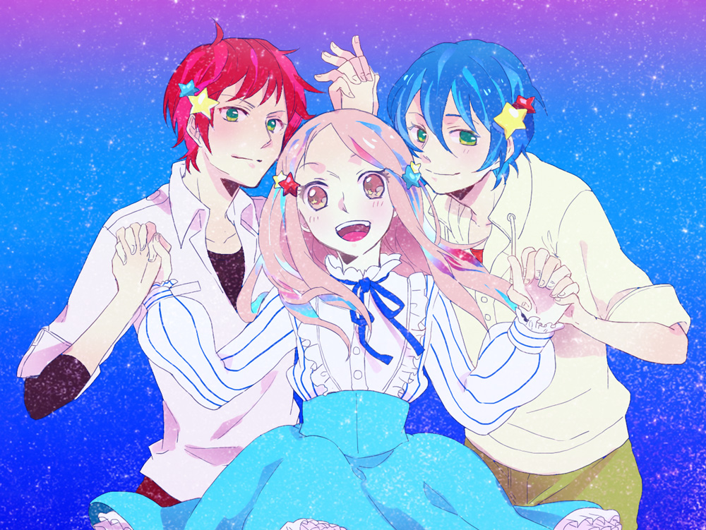 blue_hair, brown_eyes, brown_hair, green_eyes, hand_holding, holding_hands, ikuryomaga, long_hair