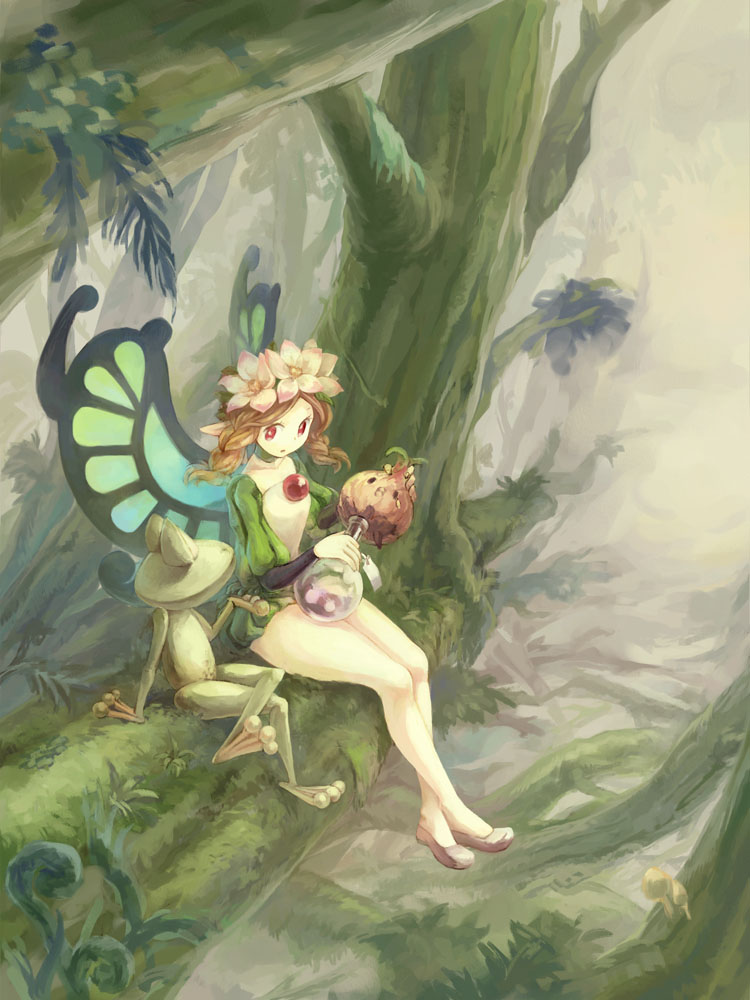 blonde_hair, braid, butterfly_wings, fairy, flask, flower, forest, frog
