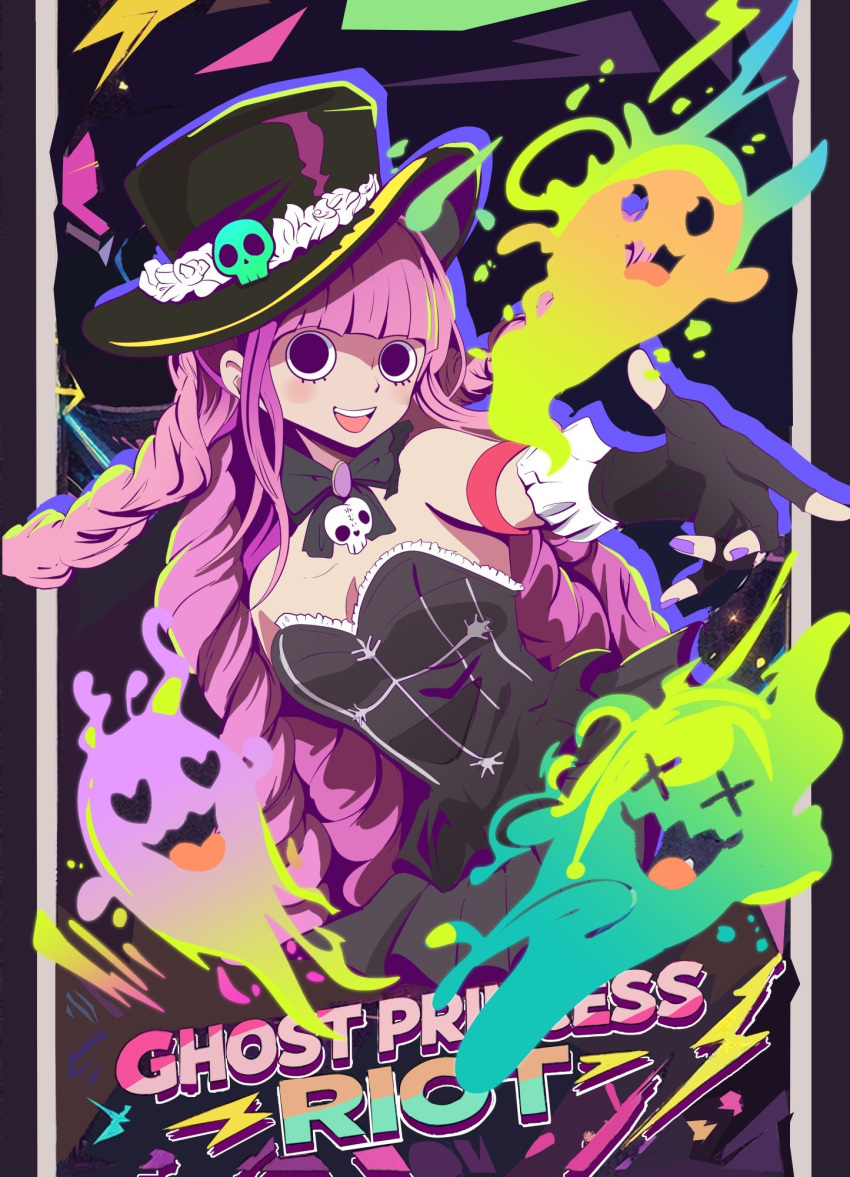 1girl, bare_shoulders, black_background, black_bow, black_bowtie, black_eyes, black_hat, bow
