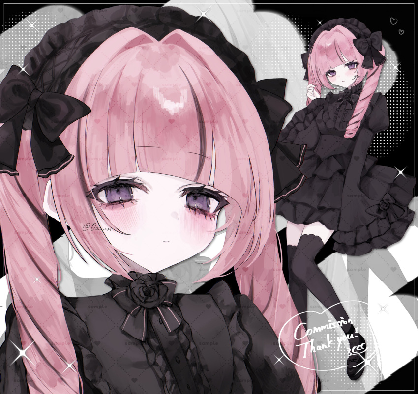 0zz_uu, 1girl, absurdres, black_dress, black_hairband, bonnet, bow, commission