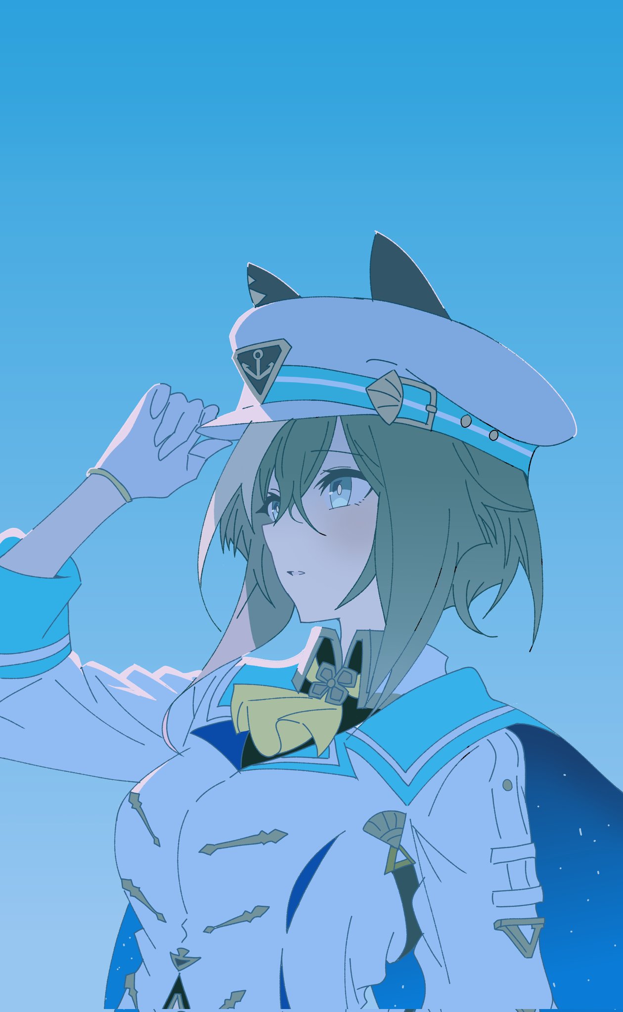 1girl, a0ja9k, animal_ears, ascot, blue_background, blue_cape, blue_eyes, brown_hair, cape, cheval_grand_(grand_itineraire)_(umamusume), cheval_grand_(umamusume), corrupted_twitter_file, ear_covers, ears_through_headwear, from_side, gloves, hair_between_eyes, hashtag-only_commentary, hat, hat_belt, highres, horse_ears, horse_girl, jacket, looking_ahead, multicolored_hair, peaked_cap, simple_background, solo, streaked_hair, umamusume, upper_body, white_gloves, white_hair, white_hat, white_jacket, yellow_ascot