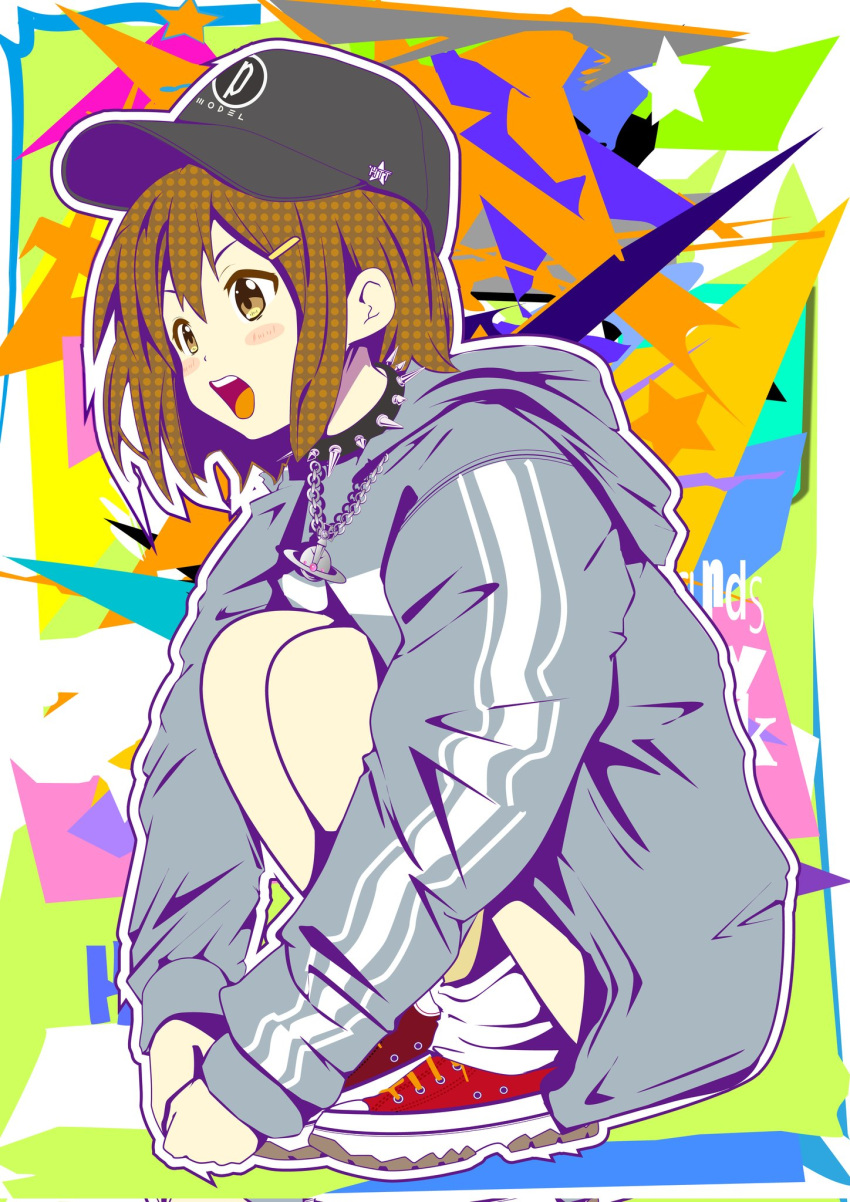 1girl, black_choker, brown_eyes, brown_hair, choker, commentary_request, hair_ornament, hairclip