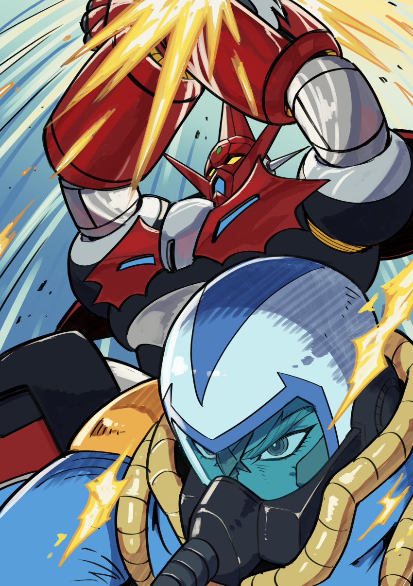 1boy, absurdres, arm_blade, armor, arms_up, assault_visor, blue_bodysuit, bodysuit, commentary_request, fanfiction_available, forehead_jewel, getter_robo, getter_robo_arc, getter_robo_d2, hanahiyo_(hoimin), helmet, highres, male_focus, mecha, mecha_focus, mecha_pilot_suit, oxygen_mask, pilot_helmet, red_armor, ringed_eyes, robot, shou_kamui, super_robot, super_robot_wars, super_robot_wars_30, v-shaped_eyebrows, weapon, yellow_eyes