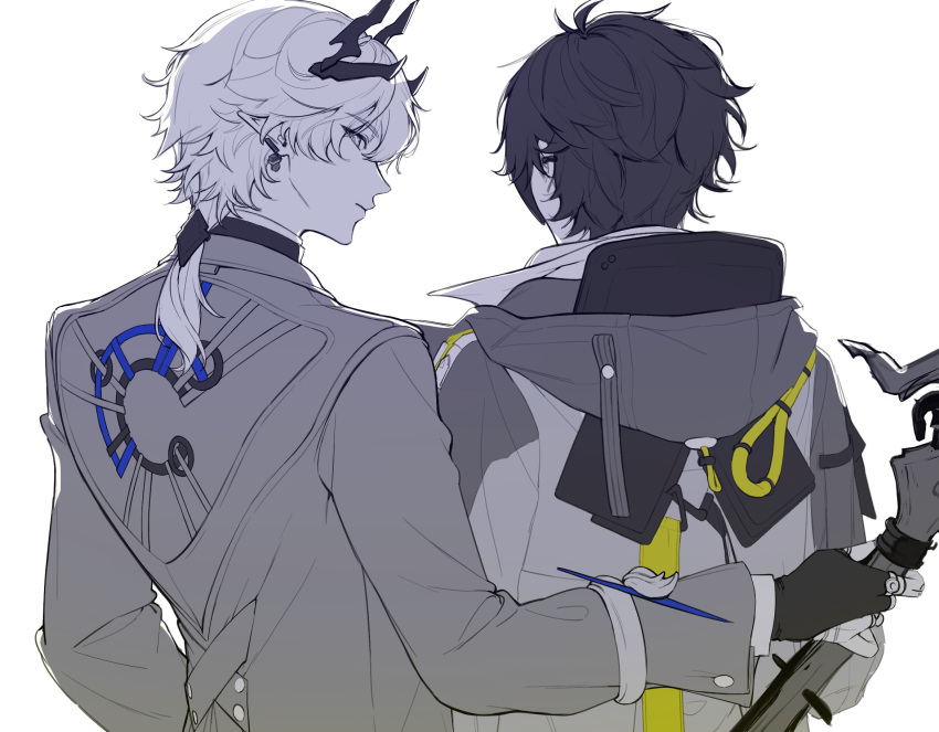 252_gishiki, 2boys, ardashir_(arknights), arknights, arknights:_endfield, black_gloves, black_hair, black_horns, coat, commentary_request, endministrator_(arknights), fingerless_gloves, from_behind, gloves, grey_coat, grey_jacket, highres, holding, holding_staff, holding_weapon, hood, hood_down, hooded_jacket, horns, jacket, layered_sleeves, long_sleeves, looking_back, male_endministrator_(arknights), male_focus, multiple_boys, simple_background, staff, upper_body, weapon, white_background, white_hair