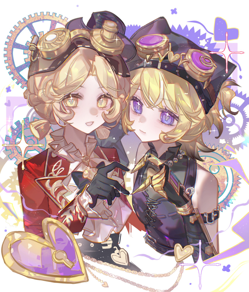 2girls, :3, absurdres, animal_hat, arm_strap, ascot, bare_shoulders, black_gloves