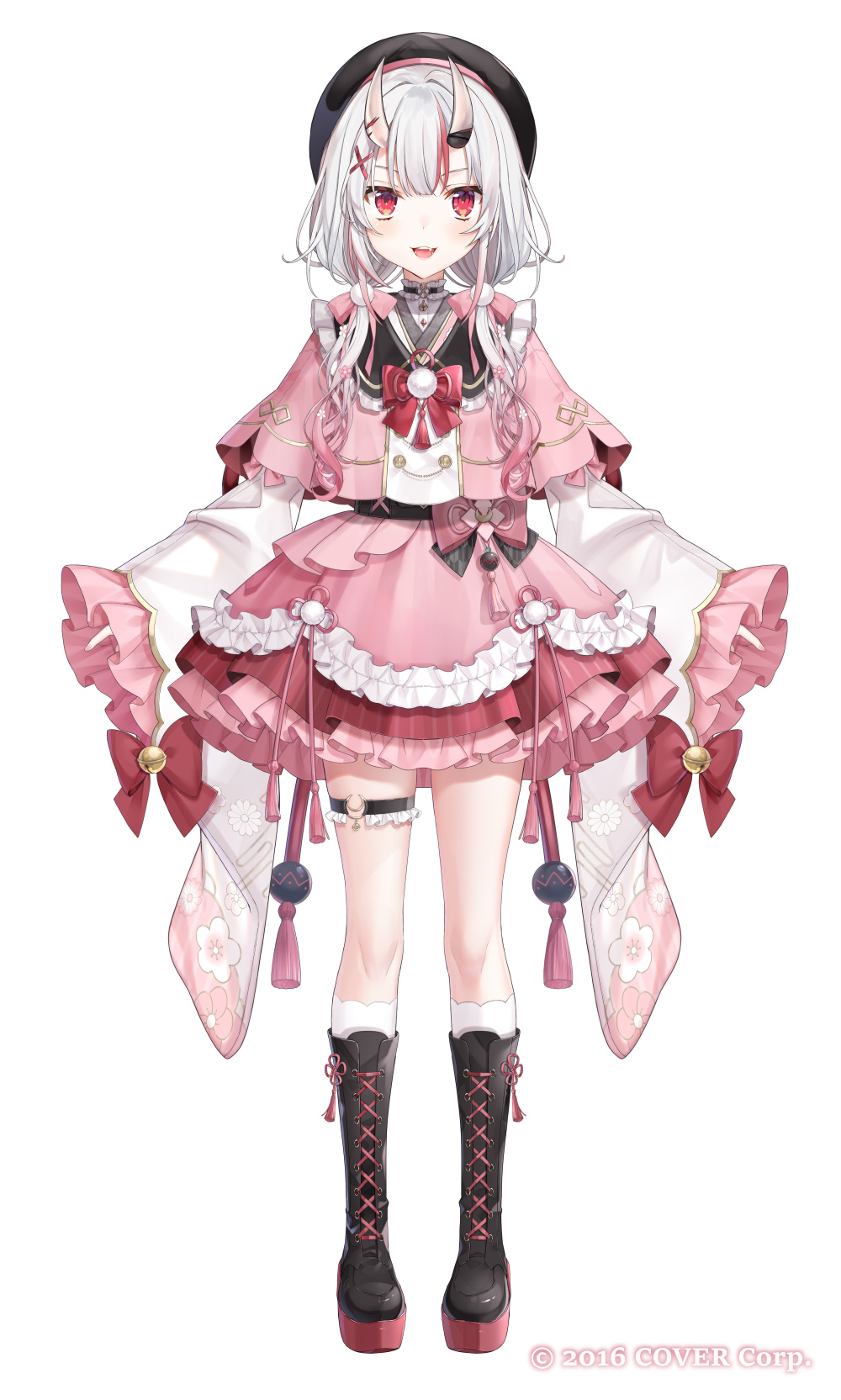 1girl, beret, black_boots, black_corset, black_hat, boots, capelet, center-flap_bangs