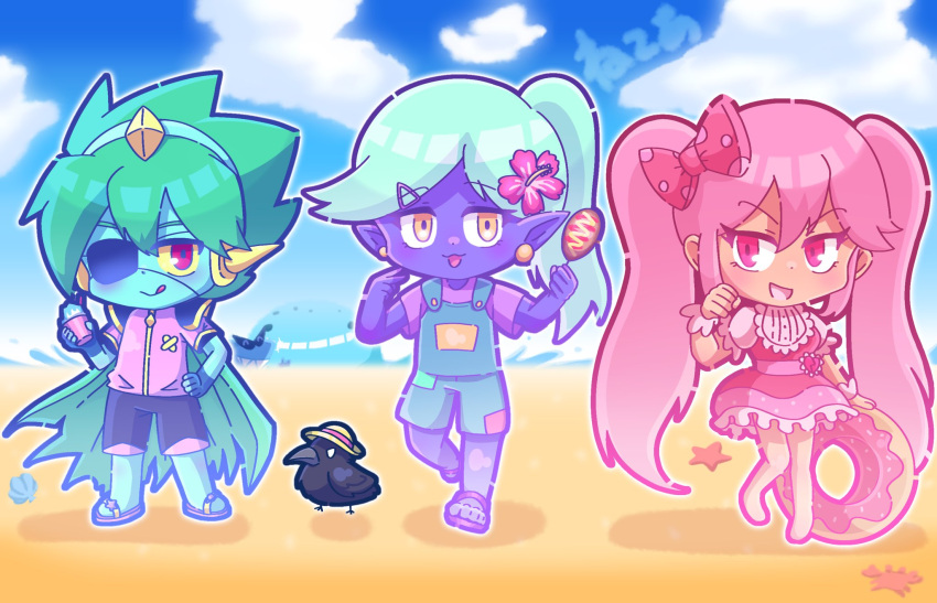 1girl, 4boys, alternate_costume, alternate_hairstyle, alternate_sleeve_length, barefoot, beach, black_shorts