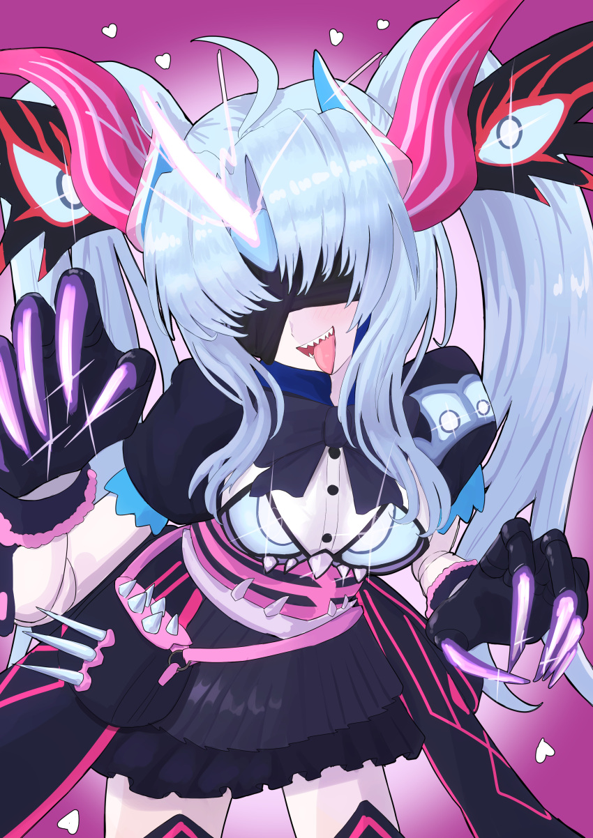 1girl, absurdres, ahoge, asymmetrical_horns, black_bow, black_bowtie, black_skirt, blindfold