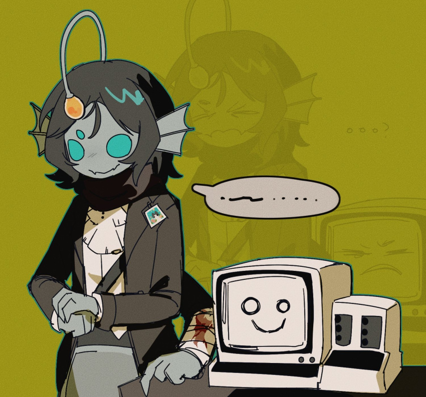 1boy, anglerfish_boy, ascot, bandaged_arm, bandages, black_hair, black_jacket, blood