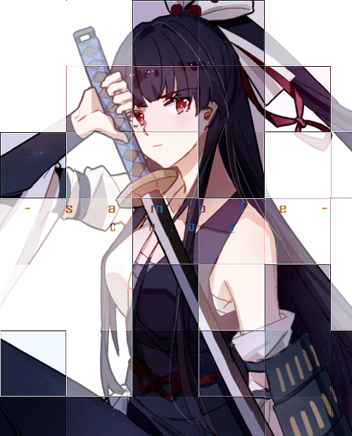 1girl, artist_name, benghuai_xueyuan, bow, chon_(klliaytong), closed_mouth, commentary_request, hair_bow, hokushin_mei, holding, holding_sword, holding_weapon, honkai_(series), image_sample, japanese_clothes, katana, long_hair, looking_at_viewer, purple_hair, red_eyes, sample_watermark, solo, sword, very_long_hair, watermark, weapon, white_background, white_bow