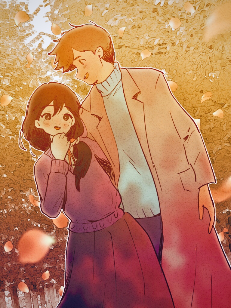 1boy, 1girl, alternate_costume, alternate_hairstyle, black_eyes, black_hair, blue_sweater, blush