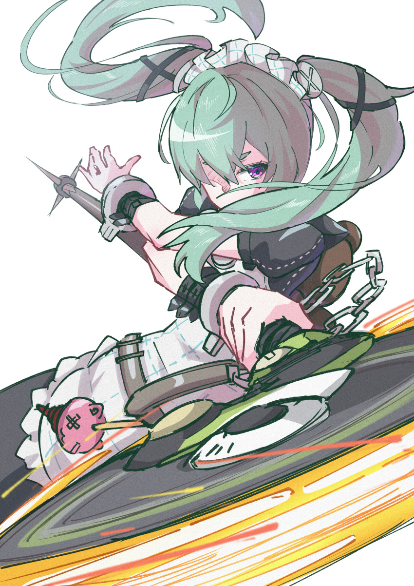 1girl, absurdres, animal_bag, bear_bag, black_dress, chain, charm_(object), circular_saw