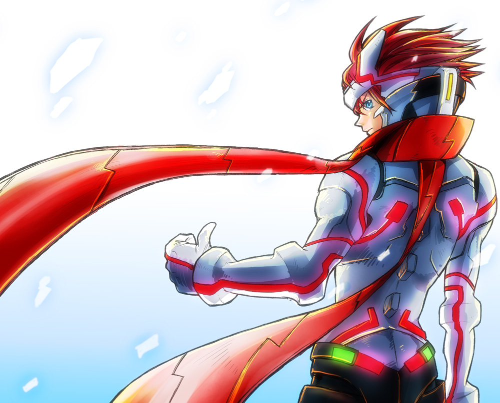 1boy, 1k, blue_eyes, bodysuit, from_behind, male, natano_hisanori, red_hair, redhead, sacred_seven, scarf, simple_background, solo, tandouji_alma, thumbs_up