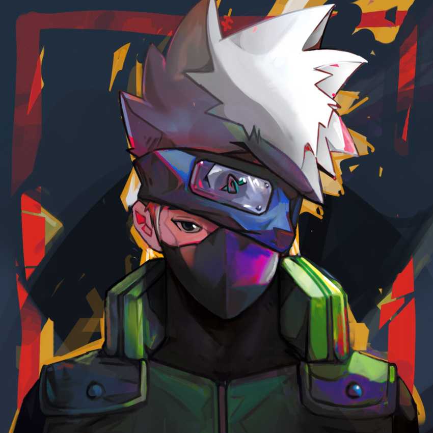 1boy, commentary, covered_mouth, english_commentary, grey_hair, hatake_kakashi, headband, headband_over_one_eye